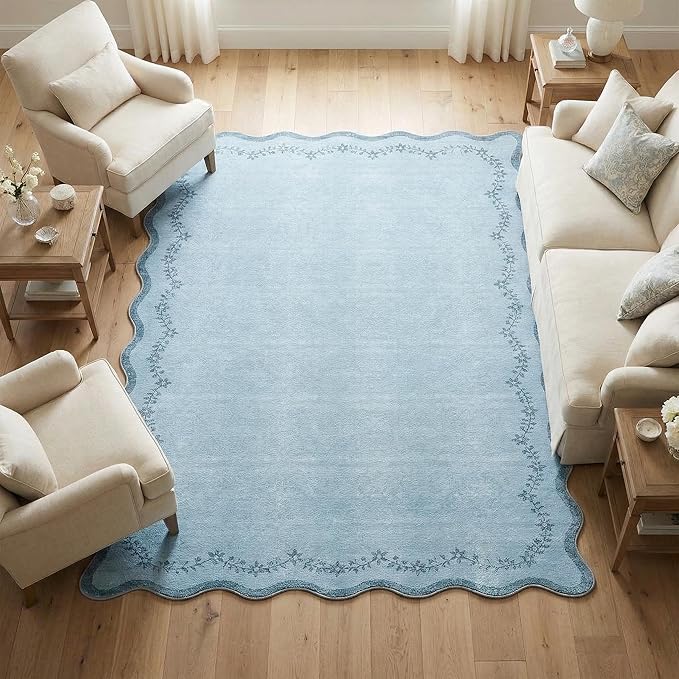 GarveeHome 4x6 Blue Scalloped Washable Area Rug for Girls Bedroom, Solid Floral Soft Nursery Rug Non Slip Low Pile Small Carpet Stain Resistant Throw Rug for Dorm Kids Room Office Dining
