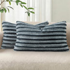 Pallene Faux Fur Plush Lumbar Throw Pillow Covers 12x20 Set of 2, Luxury Soft Fluffy Striped Decorative Pillow Covers for Sofa, Couch, Living Room, Ombre Blue