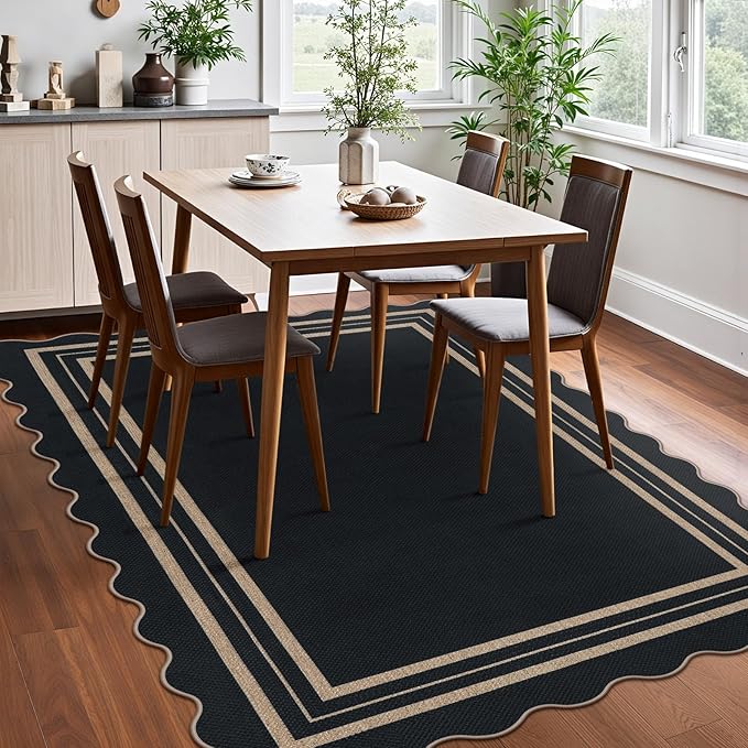 Scalloped 5x7 Rug for Living Room, Easy Jute Washable Outdoor Patio Carpet, Farmhouse Indoor Black Geometric Rug Neutral Non Slip Carpet for Living Room Backyard