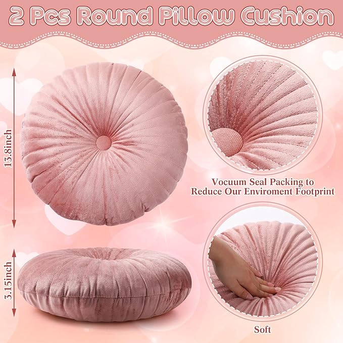 Namalu 2 Pcs Round Throw Pillow 13.8 Inch Decorative Round Velvet Floor Pillows Pumpkin Throw Pillows with Center Button for Thanksgiving Home Decor Living Room Sofa Couch Bed Chair (Pink)