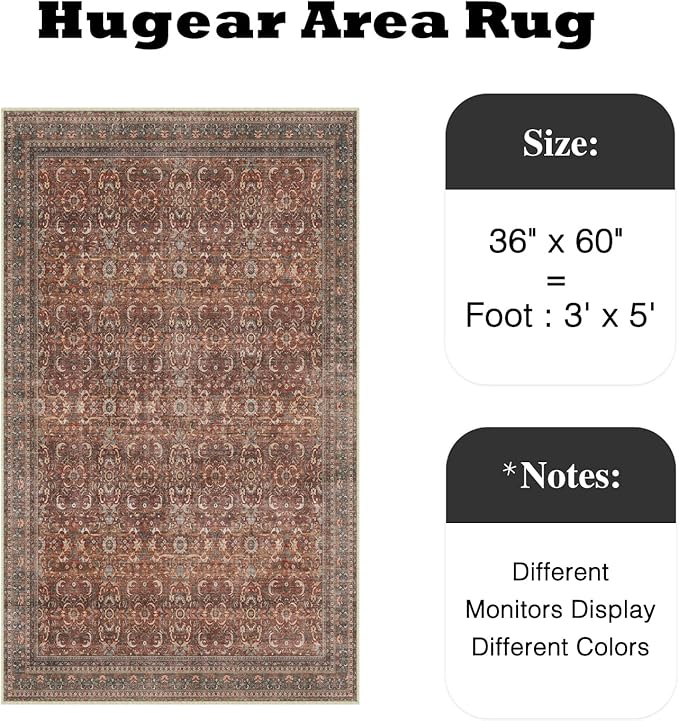HUGEAR 3x5 Entryway Area Rug Vintage Brick Red Small Rug Machine Washable Door Mat Retro Floral Low Pile Carpet Vacuumable Distressed Throw Rug Entrance Kitchen Bedroom Bathroom Non Slip Lightweight