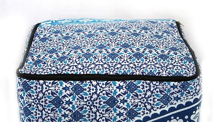 CRAFT KALA Indian Square Patchwork Traditional Pouf Cover Indian Living Room Poufs Cover Decorative Designer Ottoman Pom Pom Home Living Footstool Chair Cover Ottoman Decor 16X16X14 inches, Blue Ombre