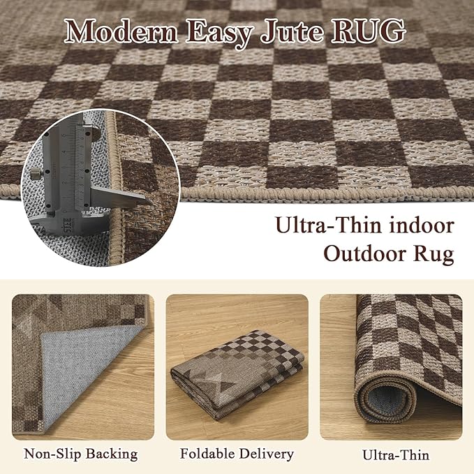 LIVEBOX Easy Jute Washable Runner Rug 2x10, Non Slip Brown Checkered Kitchen Rugs, Ultra Thin Farmhouse Runner Rugs for Hardwood Floor, Non Slip Long Hallway Rug 10 Ft