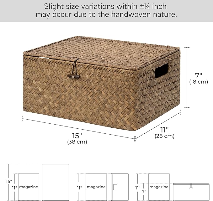 StorageWorks Wicker Baskets with Lid for Organizing, Seagrass Storage Baskets for Shelves, Decorative Box with Built-in Handles, Brown, Large, 1 Pack