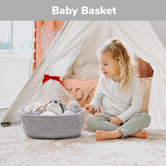 CHICVITA Decorative Gift Basket, Easter Basket for Kids, Woven Rope Storage Baskets with Handles, Nursery Baby Shower Toy Organizer, Grey, 13 x 9.8 x 5 inches