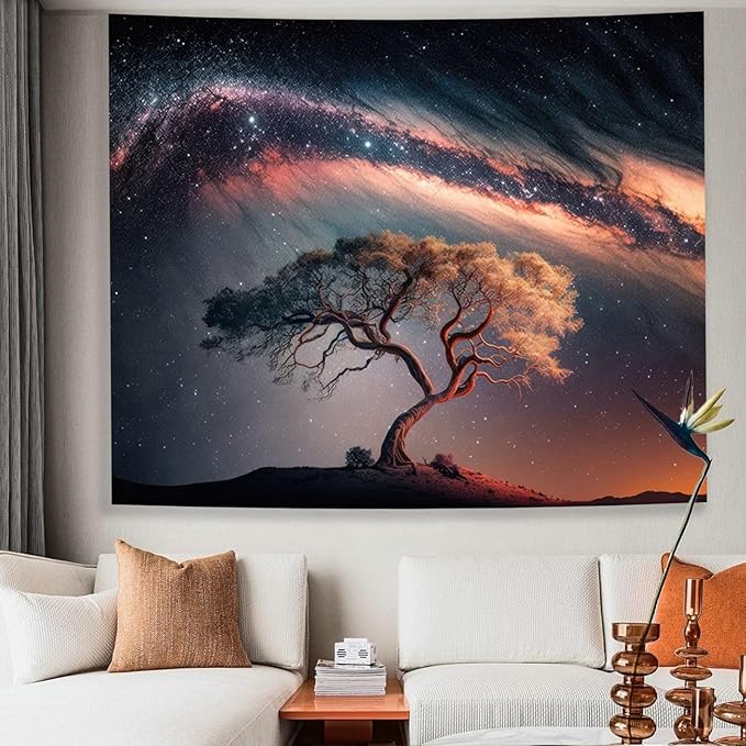 Large Space Galaxy Tree of Life Tapestry for Bedroom Aesthetics, Black Starry Sky Night Star Posters Tapestries, Nature Landscape Blackdrop Wall Hanging for Men Dorm Living Room Decor 60 X 79 Inches