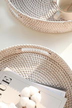 HITOMEN 11.8" Hand-Woven Round Rattan Serving Tray Decorative Wicker Trays with Handles for Coffee Table (Whitewash-M)