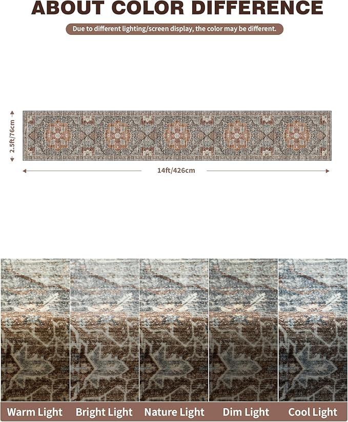 Washable Runner Rug 2.6x14 Runners for Hallways, Ultra-Thin Carpet Runners for Entryway Anti Slip Backing Runner Rugs for Kitchen Laundry Room Indoor Hallway (Grey/Brown/Tan)