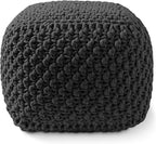 Casafield Square Pouf Ottoman, Black - 18.5" W x 18.5" D x 14.5" H Cotton Knit Foot Stool - Boho Floor Pouffe for Living Room, Bedroom, Home Office