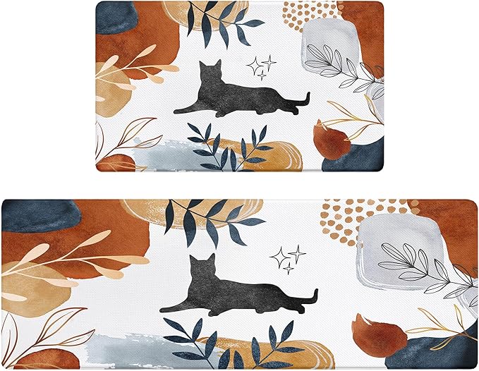 Boho Kitchen Rug Mats for Floor Cushioned Anti Fatigue Kitchen Rugs Sets of 2 Botanical Black Cat Non Slip Waterproof Comfort Memory Foam Standing Floor Mat for Office Laundry Sink Desk