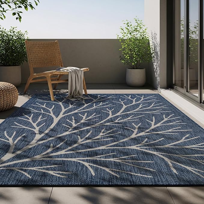 Washable Indoor Outdoor Rug 8x10 Modern Area Rugs Branch Pattern Non Shedding Waterproof Easy Clean Patio Deck Porch Living Room Bedroom Garden RV (8 X 10 Blue)