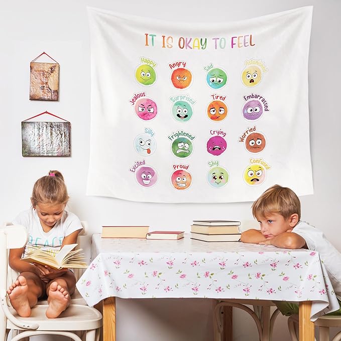 WARDOS Feelings Emotions Chart For Kids Tapestry,Mental Health wall art kids Bedroom Therapist Counselor Calming Office Classroom, 50x60 Inch