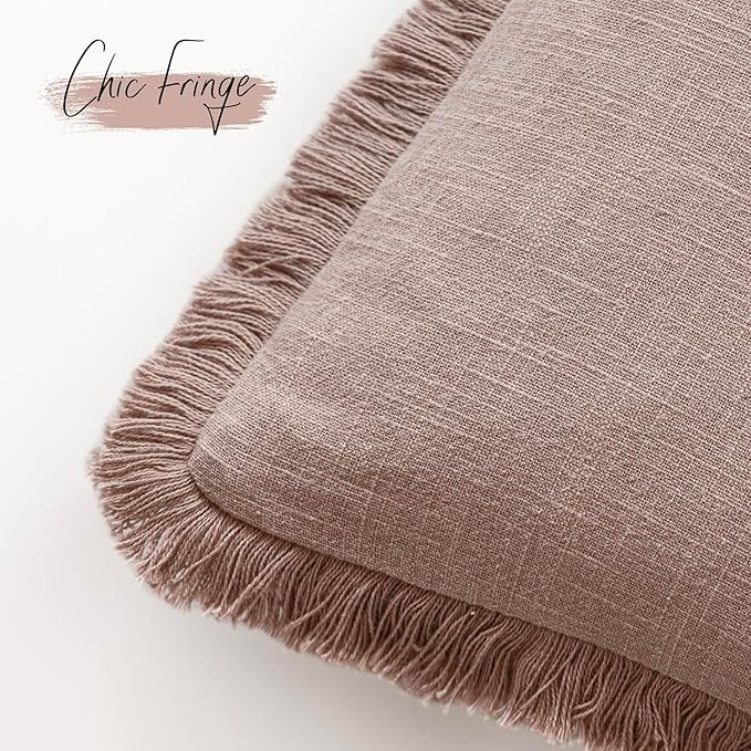 Foindtower Set of 2 Decorative Linen Fringe Lumbar Throw Pillow Covers Farmhouse Cushion Cover with Tassels Soft Accent Pillowcase for Couch Sofa Bed Living Room Home Decor,12×24 Inch,Dusty Pink