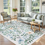 Lahome Reverie 8x10 Blue Boho Dining Room Rug Decor, Washable Area Rug for Living Room, Shabby Chic Floral Floor Carpets for Bedroom, Girls Apartment, Nursery Home Decor