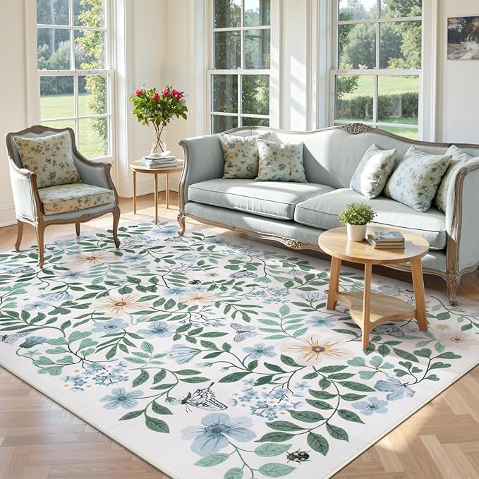 Lahome Reverie 8x10 Blue Boho Dining Room Rug Decor, Washable Area Rug for Living Room, Shabby Chic Floral Floor Carpets for Bedroom, Girls Apartment, Nursery Home Decor