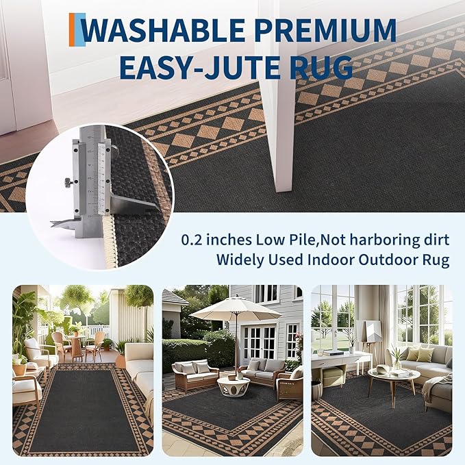 GarveeHome Large Easy Jute Rugs 10x13 Living Room Rug Modern Bordered Solid Rug with Non-Slip Backing, Non-Shedding Jute Indoor Outdoor Neutral Carpet for Dining Room, Patio, Backyard, Black Brown