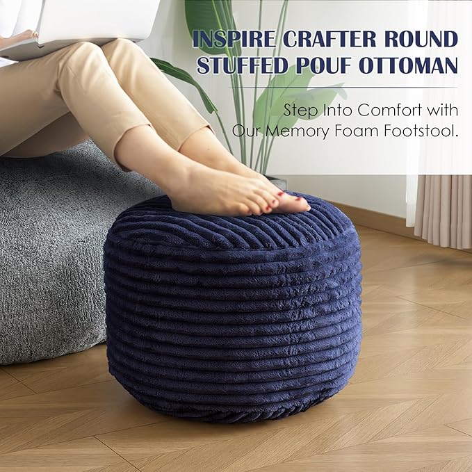 SHOUREN Stuffed Round Pouf Ottoman,Lightweight and Fluffy Poufs Storage Ottoman for Living Room,Corduroy Foot Rest with Shredded Foam Filling,Soft Floor Pouf for Couch,18"x 14", Navy