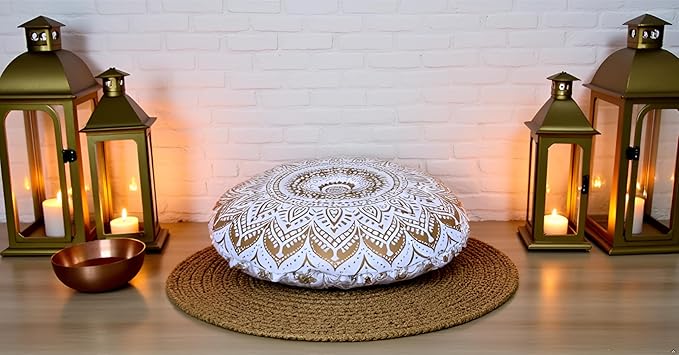 32" Gold Mandala Barmeri Large Floor Pillow Cover Cushion Meditation Seating Ottoman Throw Cover Hippie Decorative Zipped Bohemian Pouf Ottoman Poufs, Pom Pom Pillow Cases (White Gold, 32" Round)