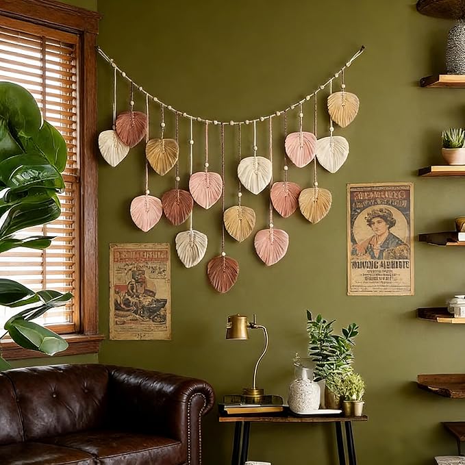 M MANUAL Macrame Leaves Wall Hanging 47.3x29.5Inch Large Chic Feather Boho Macrame Wall Decor Leaf Hanging Photo Display Handmade Woven Wall Art 16pcs Leaf Tapestry - Pink