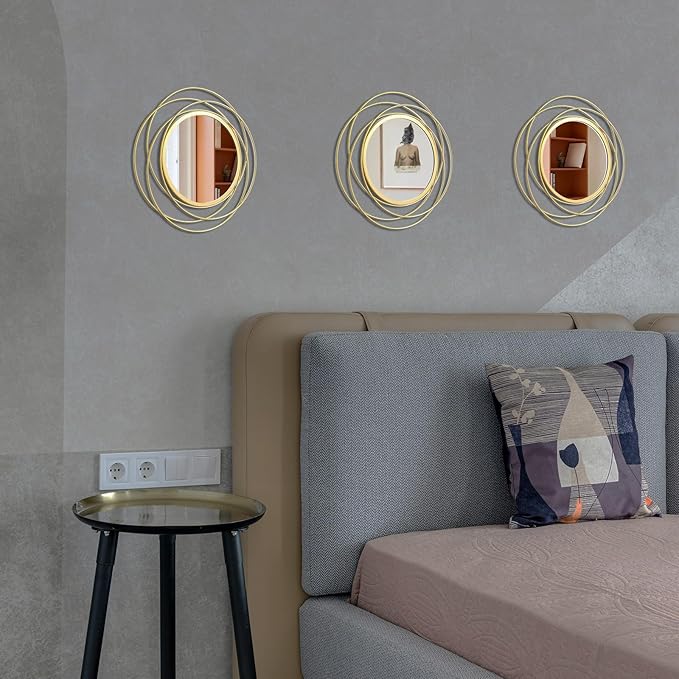 Cityelf 3 Set 13 Inch Gold Circle Mirrors Wall Decor Iron Frame Wire Mirror Metal Circular Mirror Home Decor Hanging Mirrors for Room/Bedroom/Bathroom/Entryway