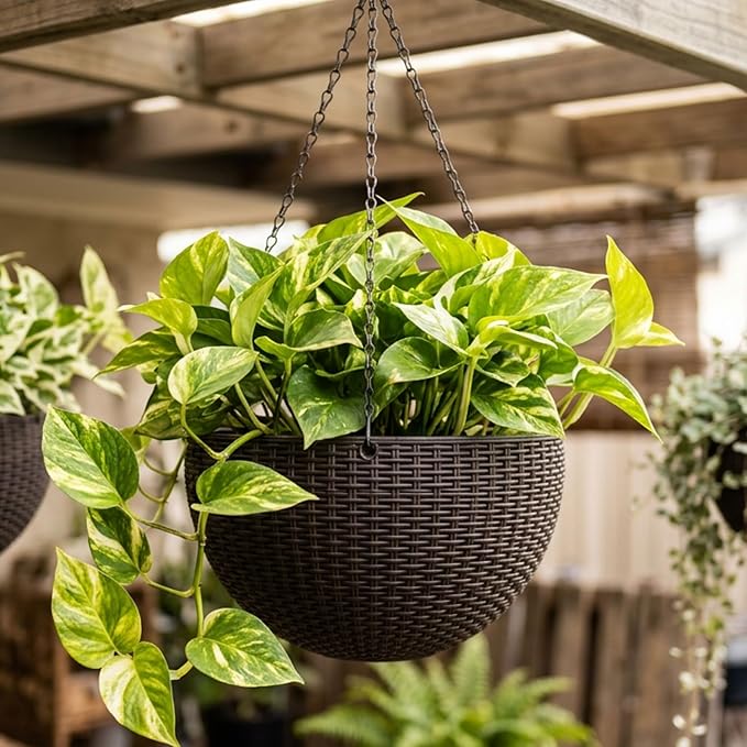 LaLaGreen Hanging Planters for Indoor Plants (11 Inch, 3 Pack) Brown Rattan Style Self-Watering Flower Pots with Water Level Indicator, Plastic Baskets with Metal Chain for Balcony, Porch Garden Decor