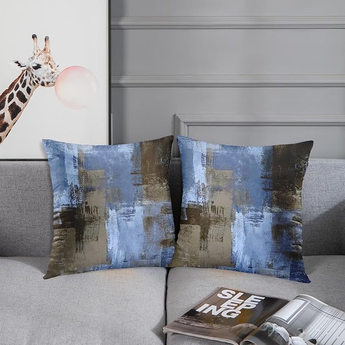Emvency Set of 2 Blue Brown Painting Throw Pillow Covers Beige Office Contemporary Abstract Modern Design Retro Decorative Pillow Case Home Decor Standard Square 18x18 Inch Cushion Pillowcase