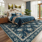Lessymo Large Area Rugs 9x12 for Living Room, Soft Washable Rug for Bedroom Dining Room Nursery Room Farmhouse, Boho Non Slip Low Plie Carpet Vintage Floral Design, Navy/Beige