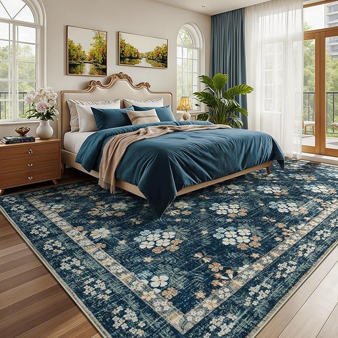 Lessymo Large Area Rugs 9x12 for Living Room, Soft Washable Rug for Bedroom Dining Room Nursery Room Farmhouse, Boho Non Slip Low Plie Carpet Vintage Floral Design, Navy/Beige