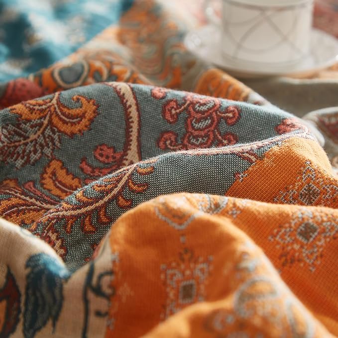 Boho Throw Blanket for Couch Sofa Bed, 100% Cotton Woven Quilt with Tassel 90”x98”, Super Soft Muslin Blanket with Floral Printed, Decorative Reversible Bed Blanket/Cover for All Seasons