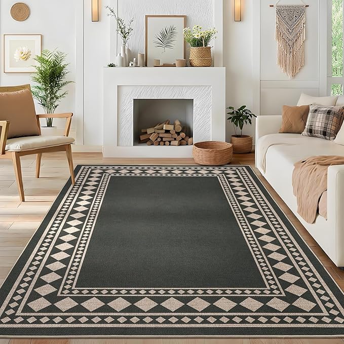 GarveeHome Solid Bordered Easy Jute Rug 5x7 Washable Jute Rugs for Living Room Patio Farmhouse Indoor Outdoor Rug Non Slip Non-Shedding Neutral Rugs for Patio Backyard Dining Room Bedroom, Black