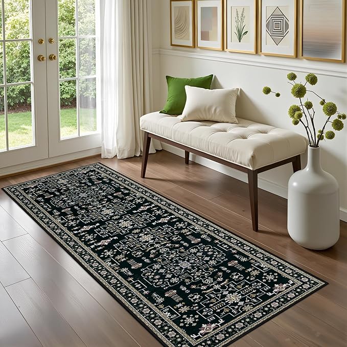 Hallway Runner Rug Non Slip - Washable 2.6x8 Kitchen Rugs for Living Room, Low-Pile Soft Bedroom Rug Indoor Floor Stain Resistant Carpets for Entryway, Laundry, Bathroom Black