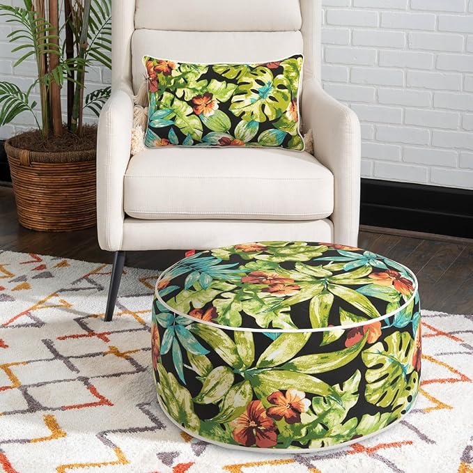 Outdoor/Indoor Inflatable Ottoman Pouf D20 xH9, All Weather Round Footstool with Foot Pump, Water Repellent Portable Footrest with Handle for Patio Garden Camping Travel-Tropical Green Leaves