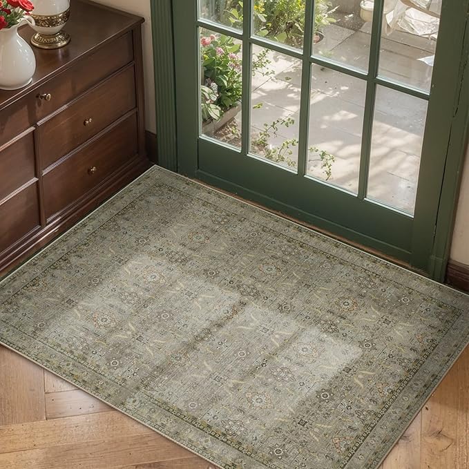 Entryway Rug Door Mat, Washable Samll 2x3 Rug, Boho Front Door Mat, Non Slip Area Rugs, Low Pile Throw Accent Entry Carpet for Indoor Entrance, Bathroom and Kitchen(Olive/Brown 2x3ft)