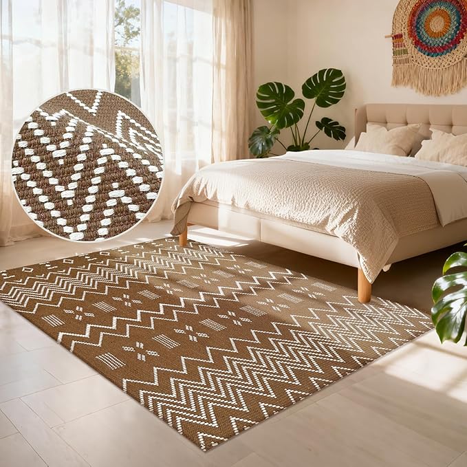 Boho Rugs for Living Room,3x5 ft Braided Rug,Washable Faux Jute Rug for Bedroom,Cotton Soft Entryway Rugs,Floor Carpet with Rubber Backed,Non Slip,Brown/White