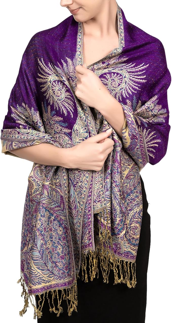 Achillea Reversible Paisley Pashmina Rave Scarf – Exotic Indian Shawls and Wraps for Evening Dresses, Festivals, All Seasons