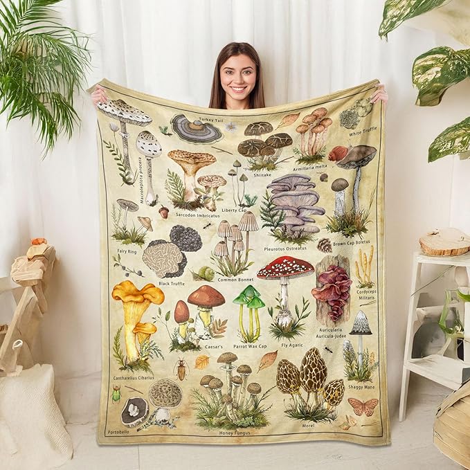 Mushroom Throw Blanket, Retro Soft Cozy and Warm Couch Blankets Gift for Mushroom Lover, Decorative Blankets for Sofa Couch Bed, Beige White 50×60 inches