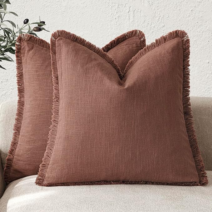 Foindtower Set of 2 Decorative Linen Fringe Throw Pillow Covers Boho Farmhouse Cushion Cover with Tassels Soft Accent Pillowcase for Couch Chair Sofa Bed Living Room Home Decor,20×20 Inch,Rust Red