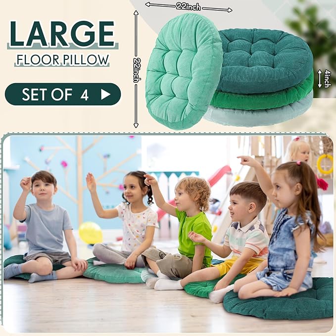 Jerify Floor Pillow Cushions Large Round Square Large Meditation Floor Pillow for Classroom Adult Meditation Picnic Party Seating Learning Daycare School(Round,Gradual Green,4 Pcs)