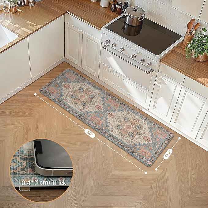 GENIMO Kitchen Mats for Floor, Washable Anti Fatigue Mat for Cushioned, 17.3"x59", Waterproof Kitchen Rugs, Non Slip Foam Comfort Standing Mat Rug for Home, Runner, Sink, Laundry, Blue&Salmon