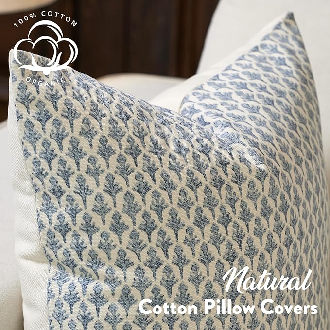 Floral Pillow Covers 18x18 Pillow Cover Block Print Couch Pillows for Living Room Decorative Neutral Accent Throw Pillow Covers, 1PC, Aqua Blue