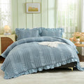 WONGS BEDDING Blue Comforter Set Queen,3 Pieces Ruffle Farmhouse Shabby Chic Boho Comforter for Queen Bed,Soft Seersucker Textured Bedding Set with 1 Ruffle Comforter,2 Tufted Pillowcases 90"×90"
