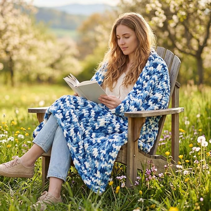 Amélie Home Chunky Knit Throw Blanket for Couch, Soft Chenille Crochet Blanket for Sofa, 50"x60", Space-Dyed Blue