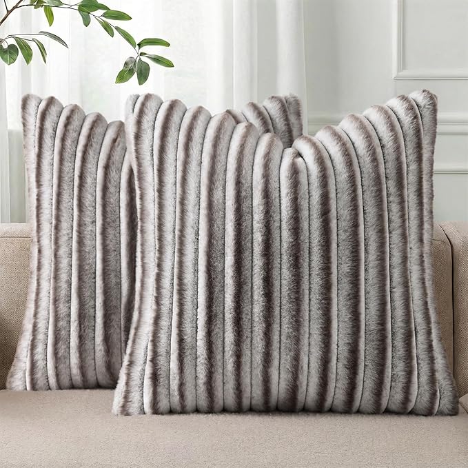 Pallene Faux Fur Plush Throw Pillow Covers 18x18 Set of 2, Luxury Soft Fluffy Striped Decorative Pillow Covers for Sofa, Couch, Living Room, Ombre Coffee