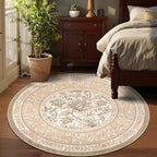 GarveeHome Pinkish Brown Botanical Grove 5ft Round Rug, Small Circle Vintage Cottagecore Soft Low-Pile Non-Slip Washable Rugs for Living Room Bedroom Nursery Kitchen Retro Carpet
