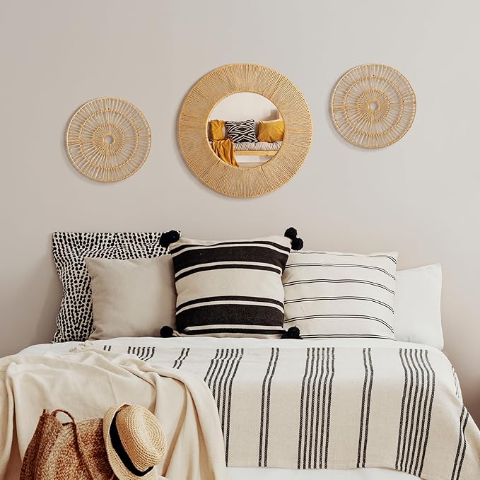 Yerliker 3 Pcs Boho Mirror Wall Decor Large Mounted Mirror with Natural Jute 19.7 Inch 11.8 Inch Frame Wall Hanging Art Coastal Room Decorative Rustic Round Mirrors for Nursery Bathroom Living Bedroom