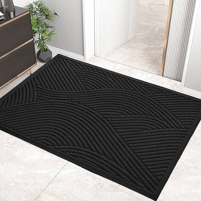 Sturdy Front Door Mat, Absorbent Muddy Dirt Resist Welcome Door Mats Outdoor Indoor, Stain and Fade Resistant, Non-Slip Backing Entry Mat Low Profile Doormat for Entryway, 47×32, Black