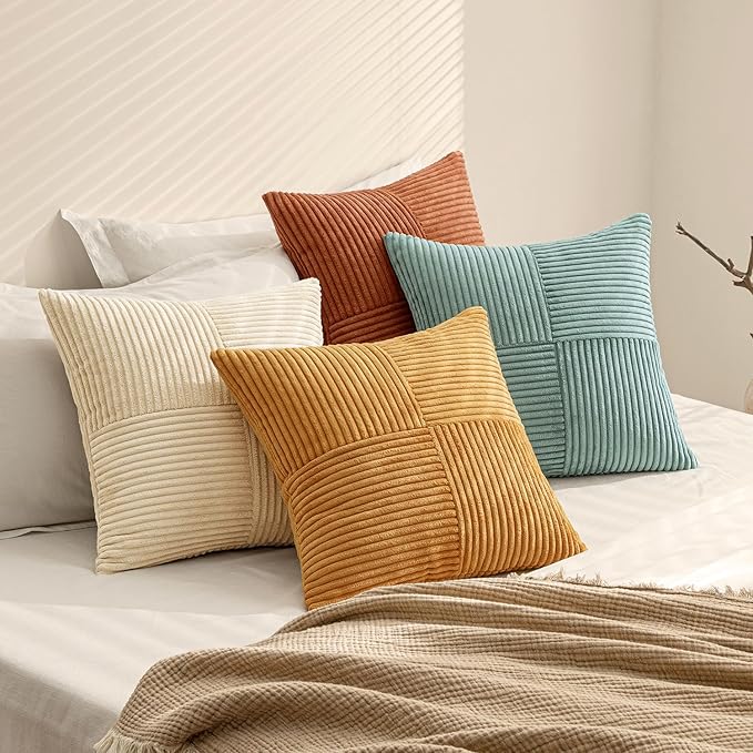 MIULEE Boho Farmhouse Decorative Throw Pillow Covers 20x20 Inch 4 Packs Soft Vintage Pillow Cases Modern Corduroy Patchwork Cushion Covers for Couch Sofa Bed Home Decor, Teal-Rust