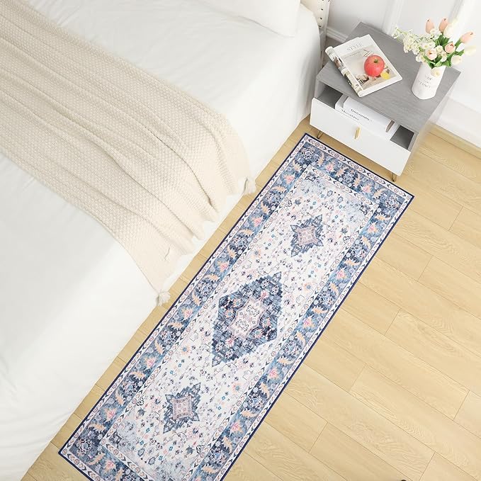 Amearea Vintage Design Runner Rugs for Living Room, 2x6 Machine Washable Floral Collection Traditional Bedroom Rug, Low Pile Cute Kids Room Print Carpet, No Slip Office Kitchen Home Decor, Blue