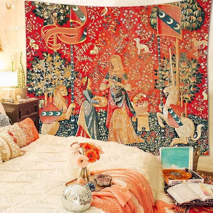 FEASRT European Royal Tapestry Medieval Maiden and Unicorn Tapestry Wall Hanging for Bedroom Living Room Dorm Decor Wall Hanging Tapestries 80x60 inch