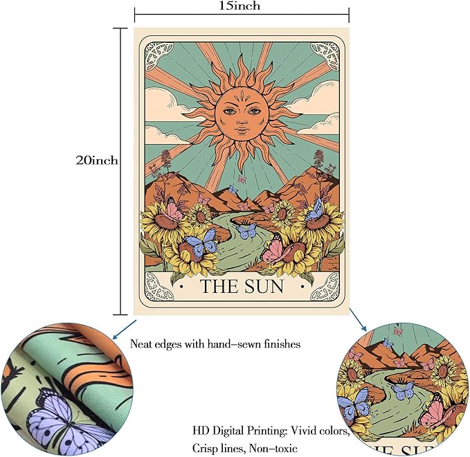 Aipon Tarot Tapestry Cute Tarot Card Tapestries 3 Pack Sun Moon Star Green Floral Flower Small Aesthetic Tapestry Wall Hanging for Bedroom Living Room Dorm (15'' × 20'')